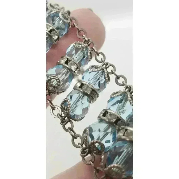 Vintage Ladder Bracelet 925 Sterling Silver Blue Crystal Clear Rhinestone Wide - Picture 12 of 12